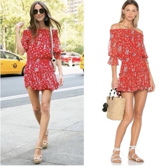 MISA X Revolve Red Paisley Floral DARLA Off The Shoulder Mini Dress (4) - Picture 1 of 9